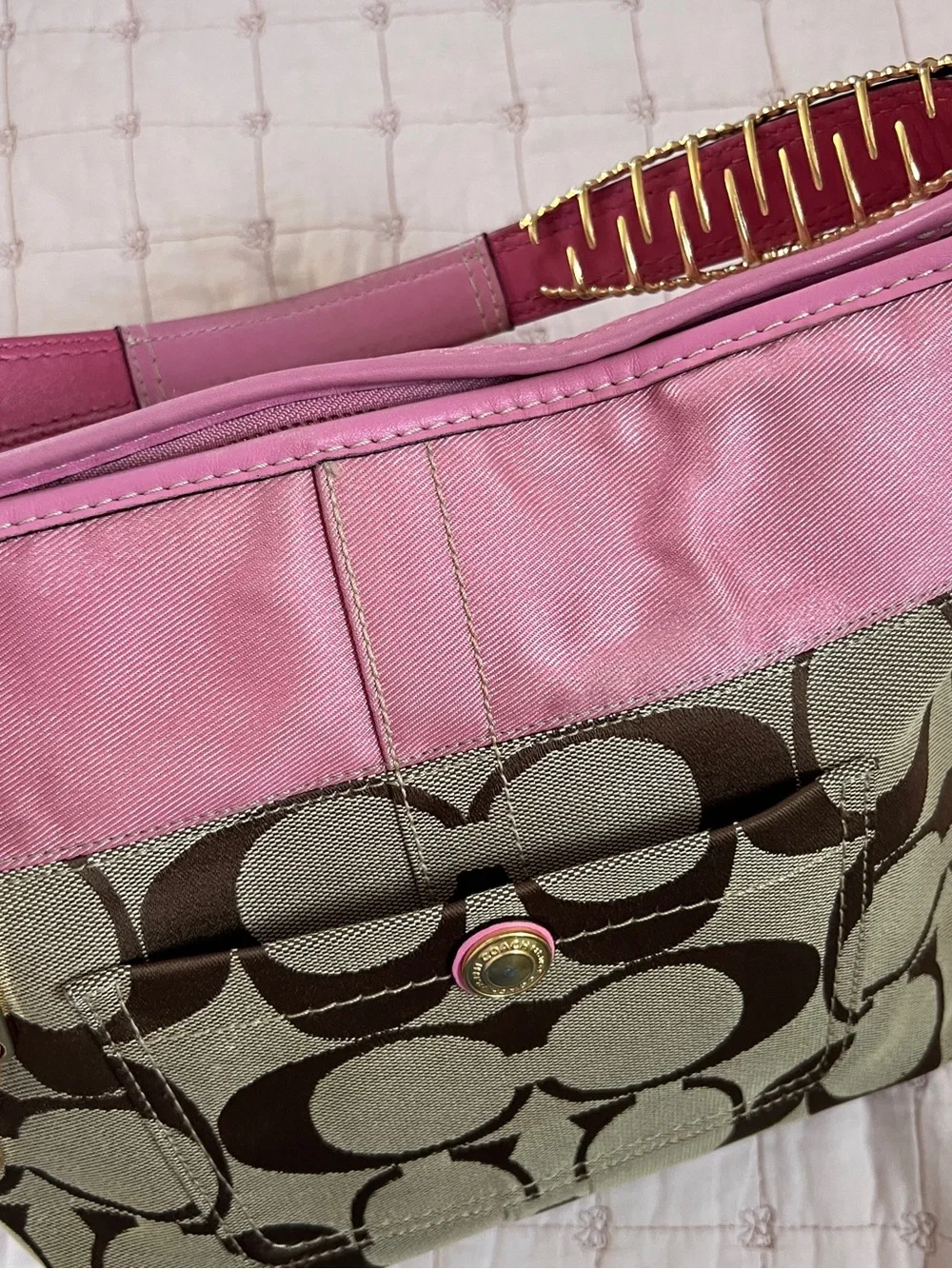 Coach Hobo Bag Medium Pink Khaki Signature Monogram Satin Leather 11957